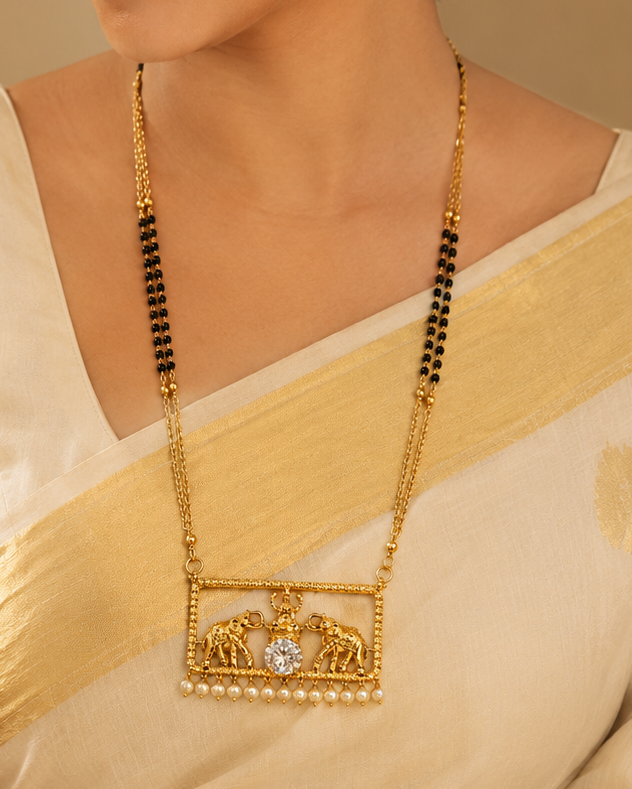Antique Gold Gajlakshmi Elephant Rectangle Pendant Mangalsutra with CZ & Pearl | OL280