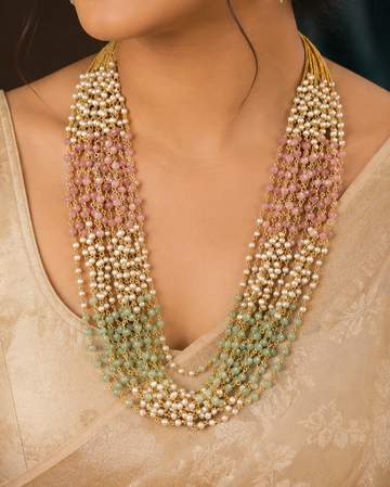 Gold Multi-Strand Ombre Rose Quartz Mint Green Seed Pearl Long Necklace | GV22