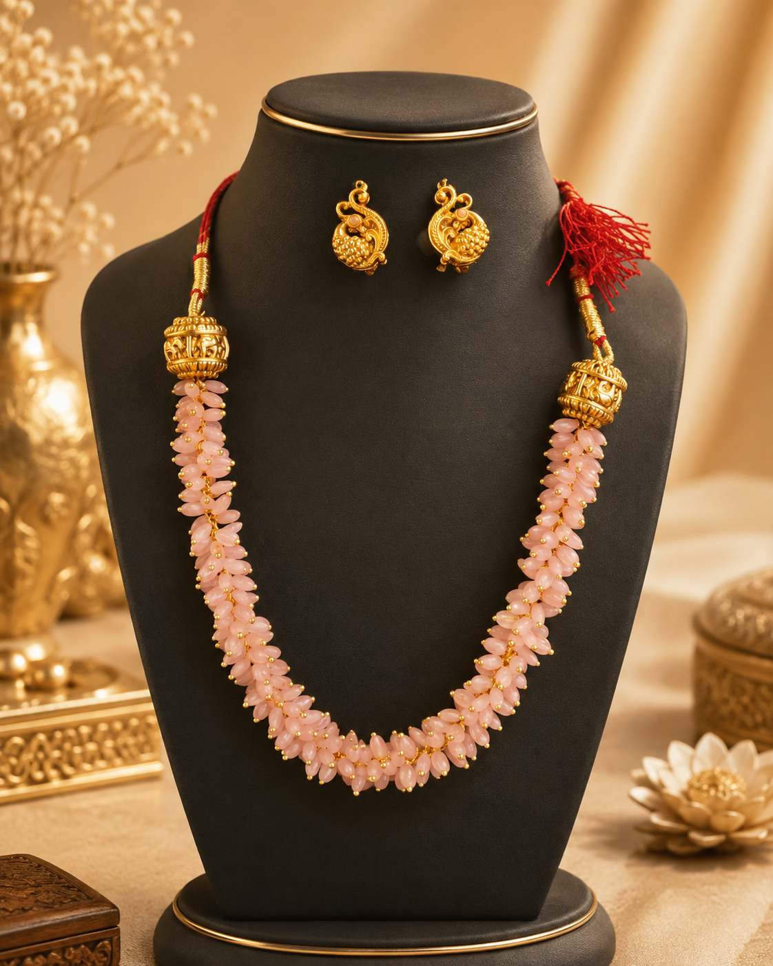 Gold Blush Pink Glass Bead Necklace Set  | LV2039