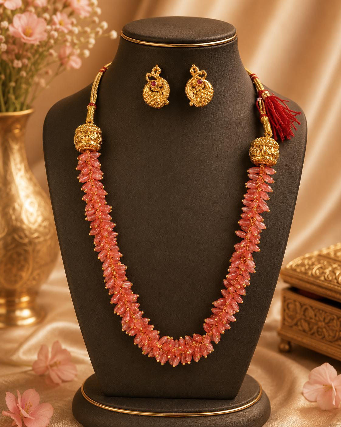 Gold Blush Pink Glass Bead Necklace Set  | LV2039