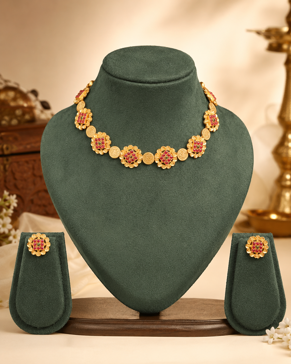 Antique Gold Ruby Multi-Square Kemp Kasu Coin Choker Necklace Set | OL262