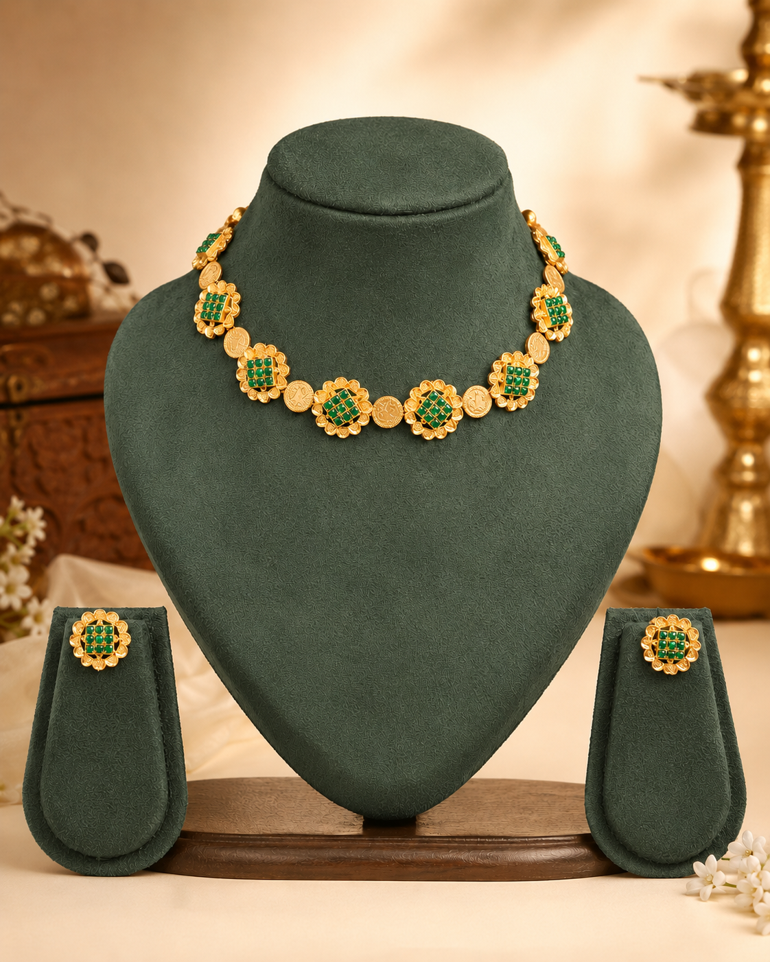 Antique Gold Ruby Multi-Square Kemp Kasu Coin Choker Necklace Set | OL262