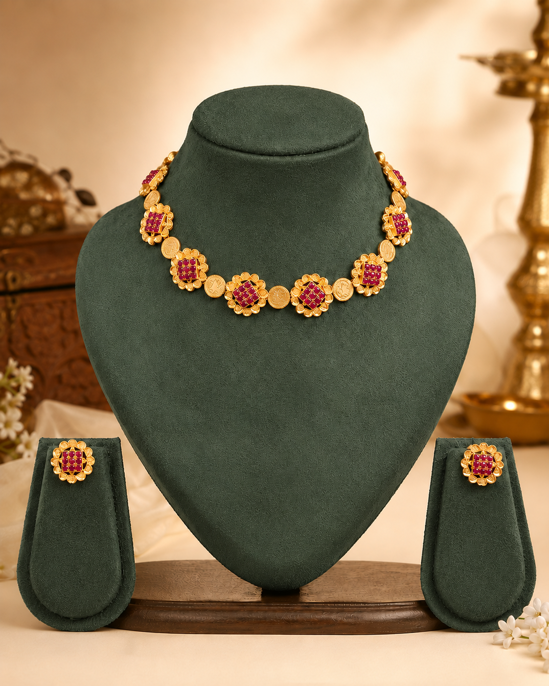 Antique Gold Ruby Multi-Square Kemp Kasu Coin Choker Necklace Set | OL262