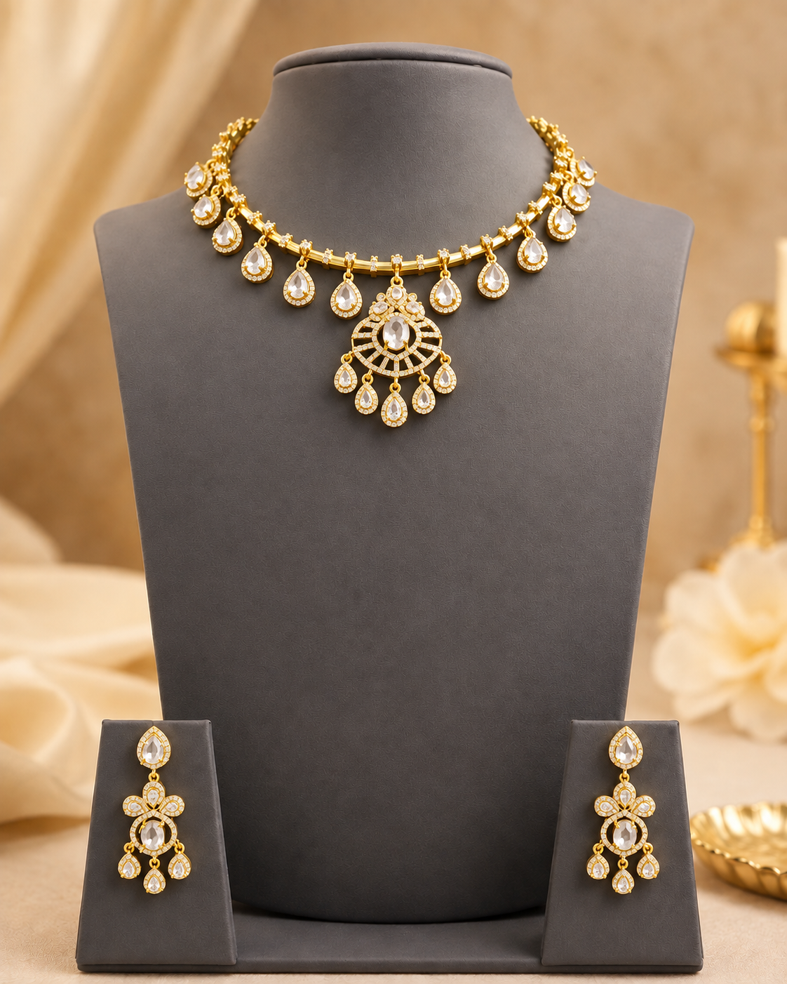Gold Ruby Choker Necklace Set with Emerald Sunburst Pendant | NKV14
