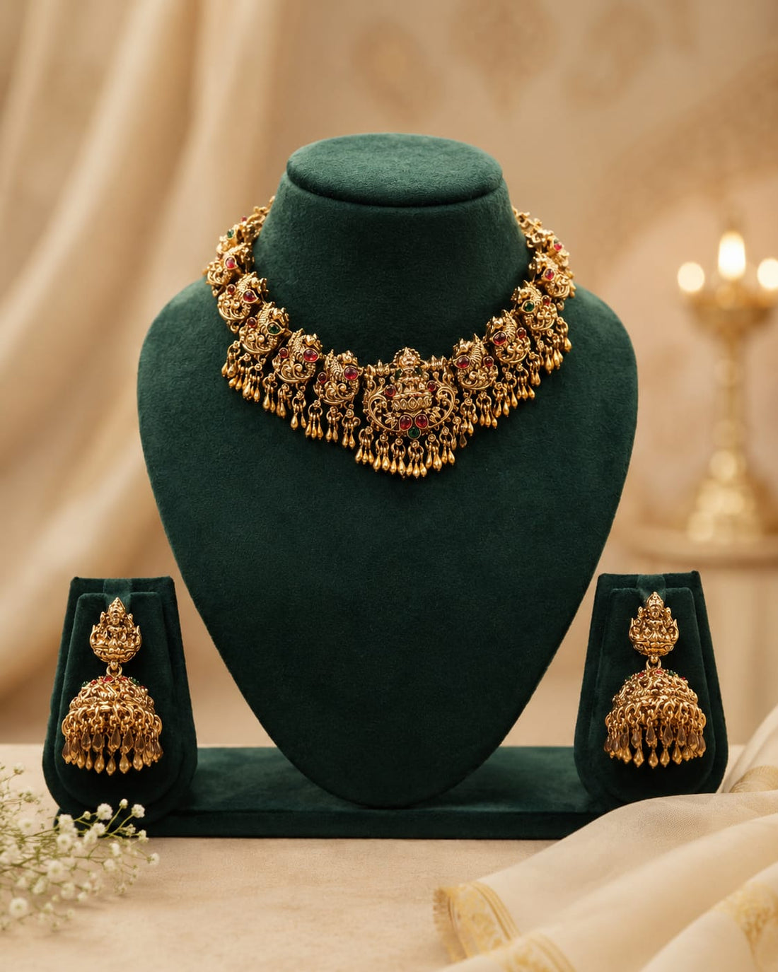 Antique Gold Nakshi Gajlakshmi Peacock Choker Necklace Set with Lakshmi Jhumkas | OL77