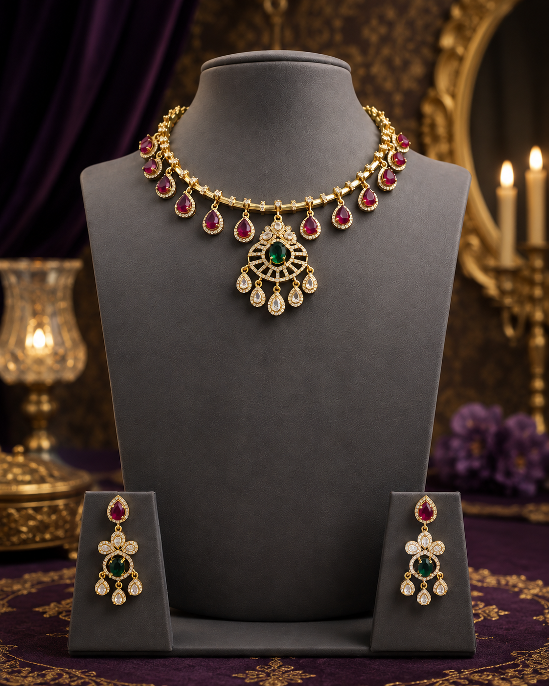 Gold Ruby Choker Necklace Set with Emerald Sunburst Pendant | NKV14