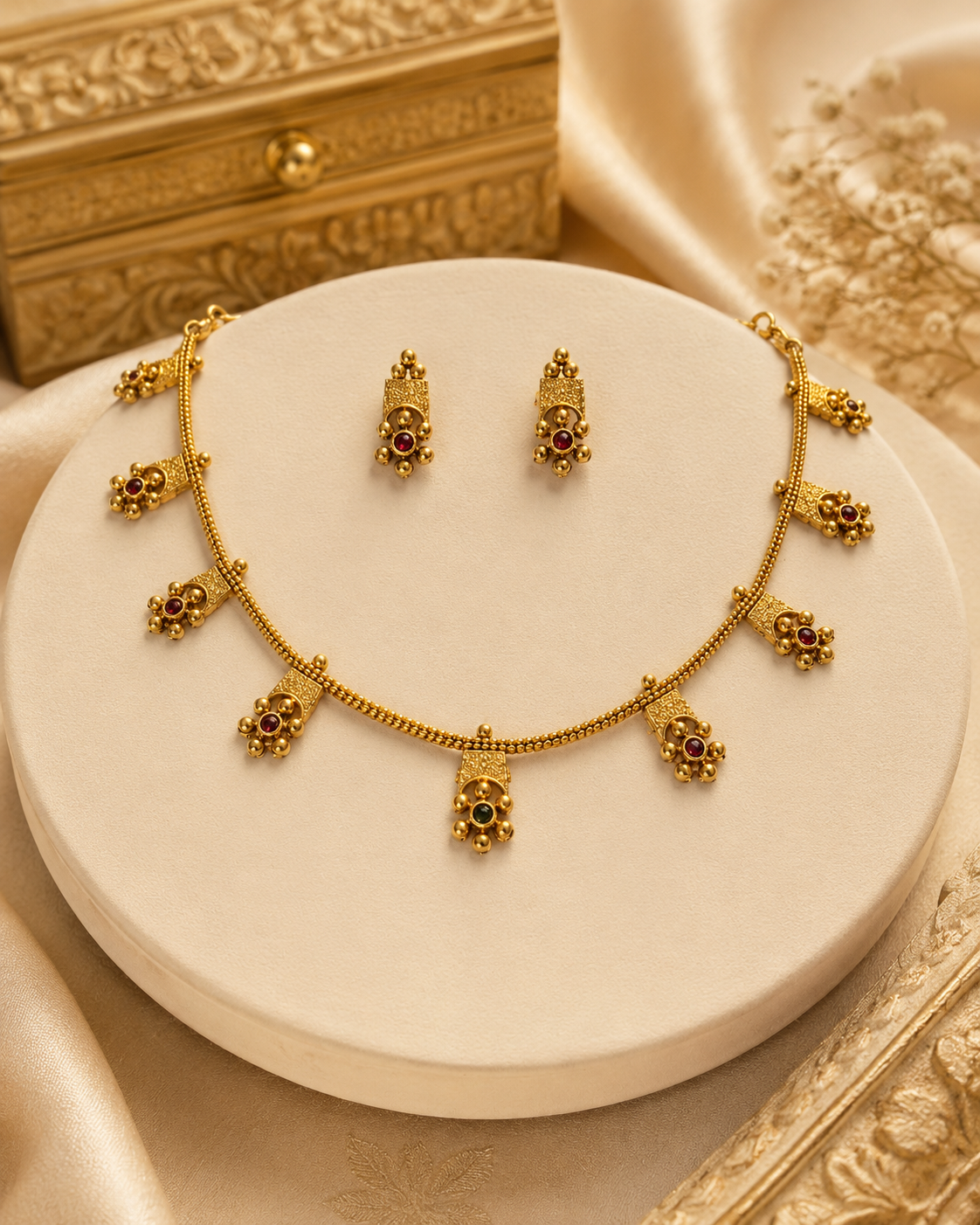 Antique Gold Nakshi Ruby Round Rectangular Charm Fringe Necklace Set | OL272