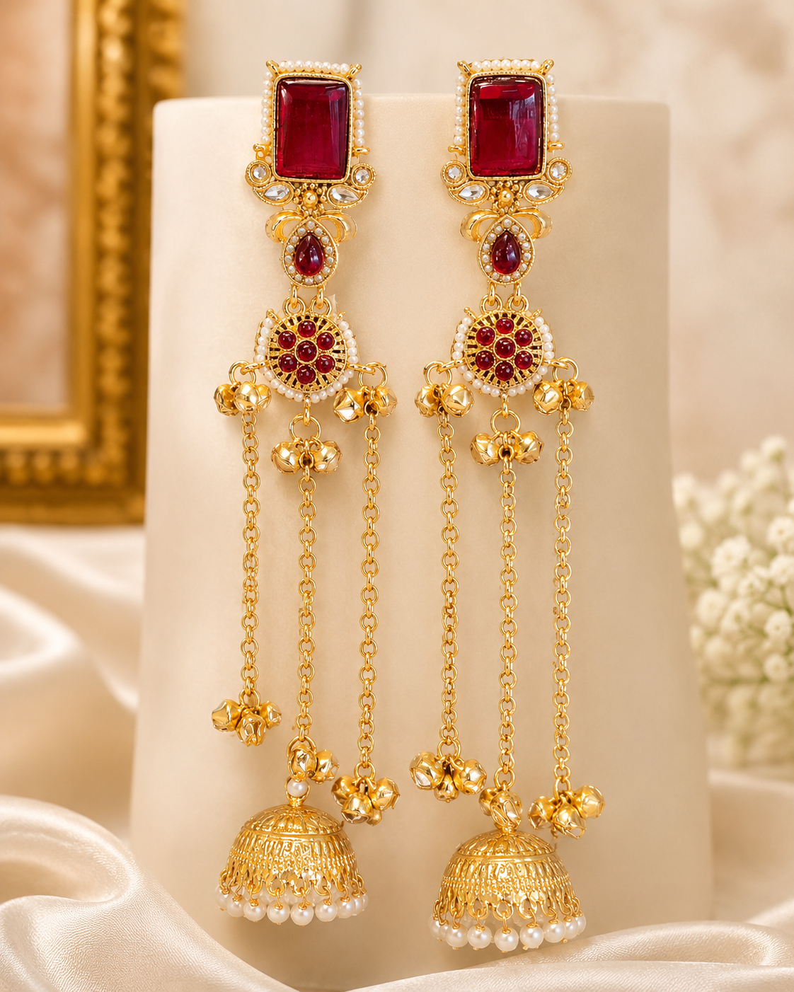 Gold Ruby Red Ghungroo Chain Tassel Long Jhumka Earrings | L22511