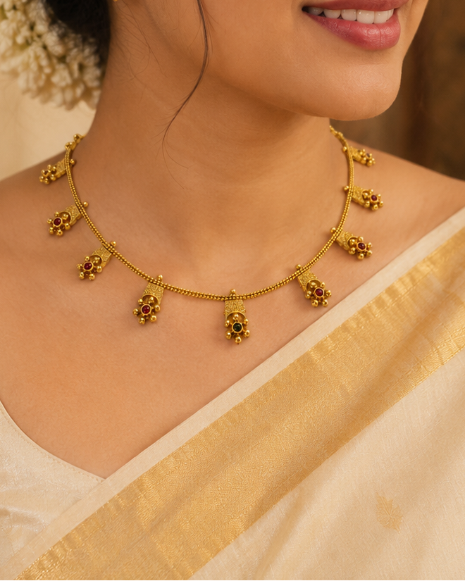 Antique Gold Nakshi Ruby Round Rectangular Charm Fringe Necklace Set | OL272