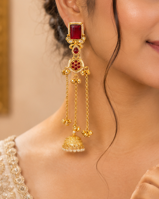 Gold Ruby Red Ghungroo Chain Tassel Long Jhumka Earrings | L22511