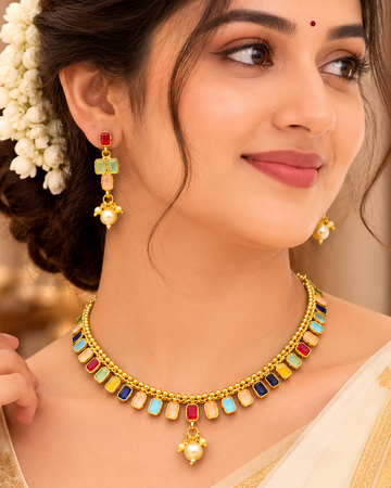 Gold Navratna Multi-Colour Rectangle Cabochon Fringe Choker Necklace Set | OL239