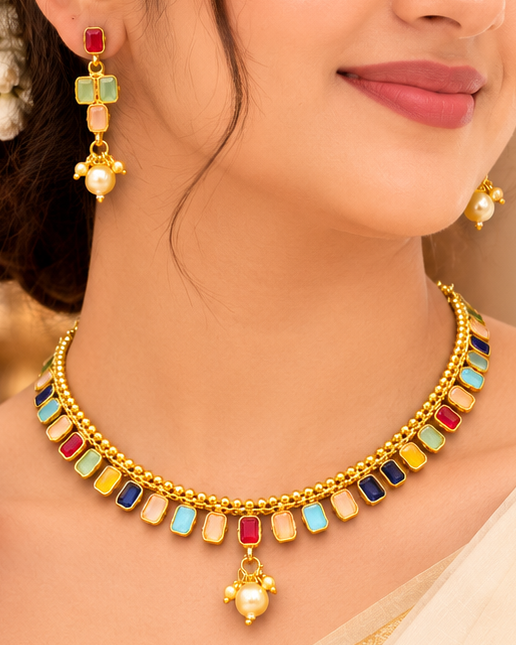 Gold Navratna Multi-Colour Rectangle Cabochon Fringe Choker Necklace Set | OL239