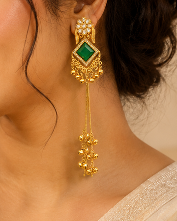 Gold Emerald Chandbali Ghungroo Tassel Earrings | L22388