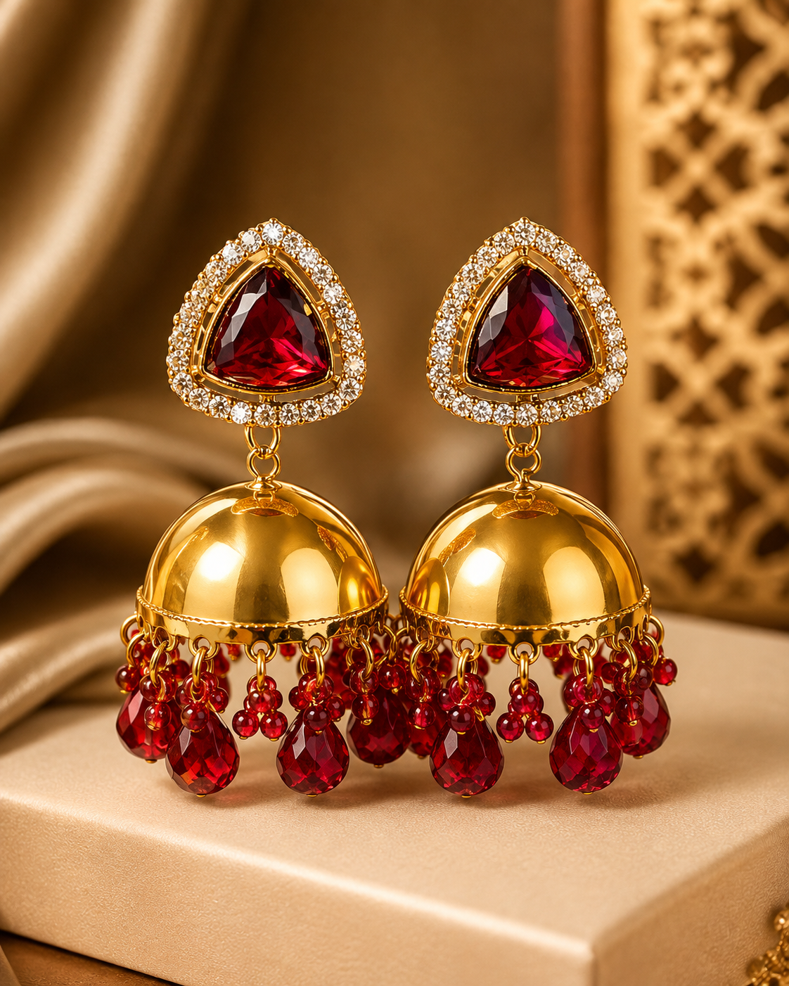 Gold Red Jhumka Briolette Fringe Earrings | GV32