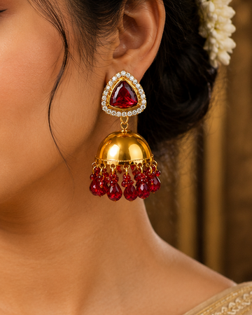 Gold Red Jhumka Briolette Fringe Earrings | GV32