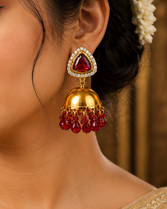 Gold Red Jhumka Briolette Fringe Earrings | GV32
