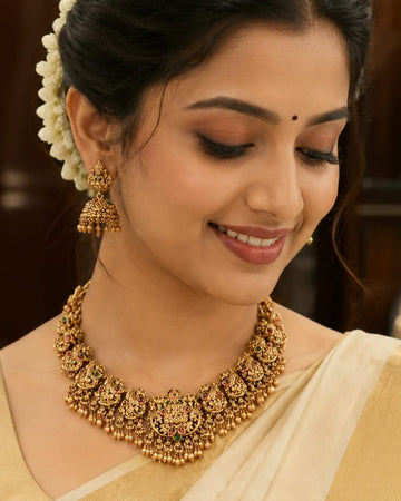 Antique Gold Nakshi Gajlakshmi Peacock Choker Necklace Set with Lakshmi Jhumkas | OL77