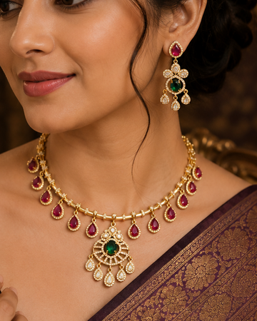 Gold Ruby Choker Necklace Set with Emerald Sunburst Pendant | NKV14