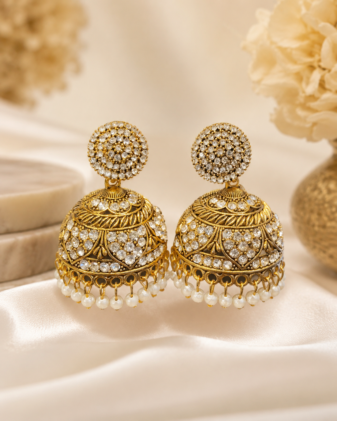 Antique Gold Full White ,Jhumka Pearl Fringe Earrings | SITA2869