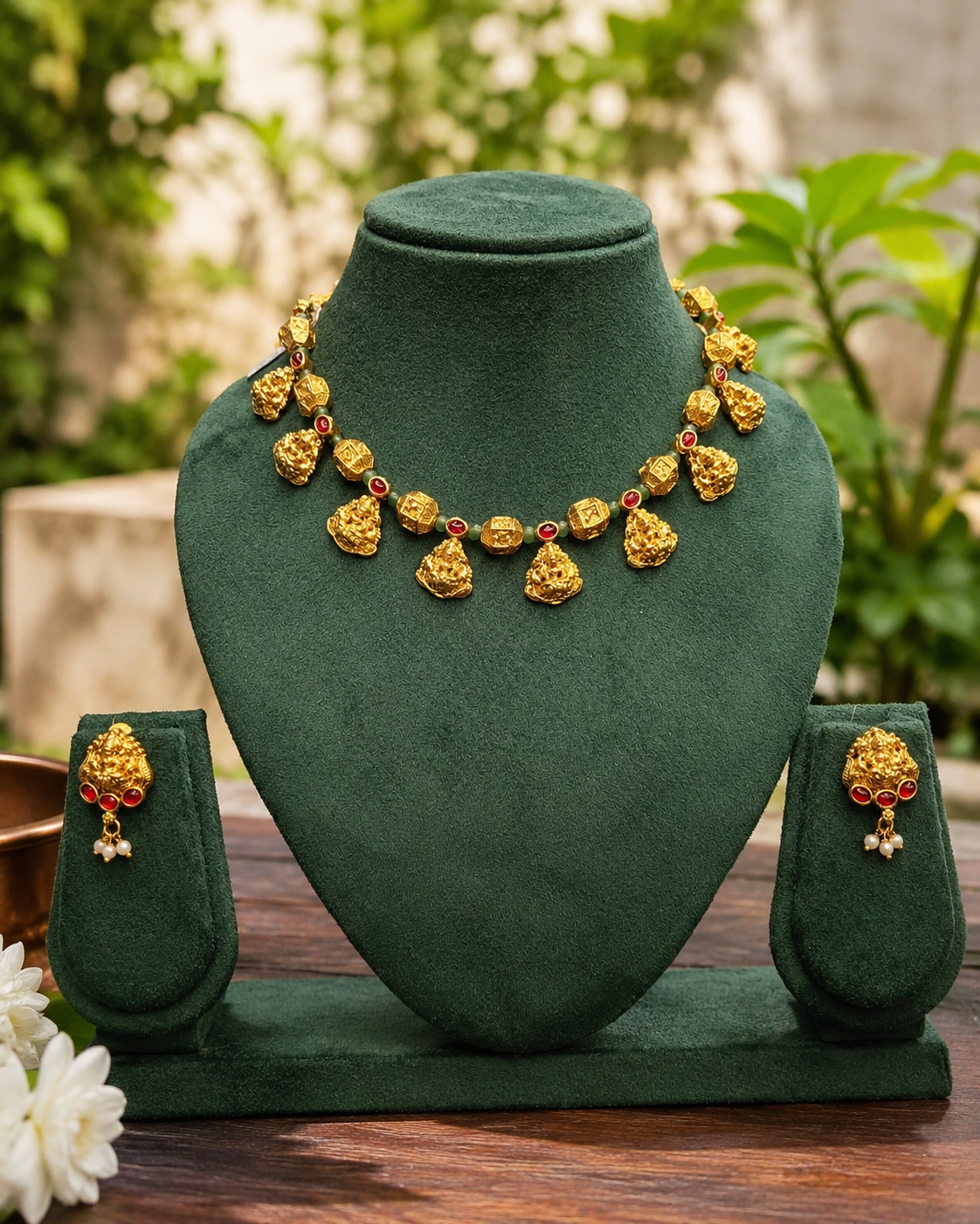 Antique Gold Nakshi Lakshmi Cube Bead Ruby Oval Necklace Set | OL277