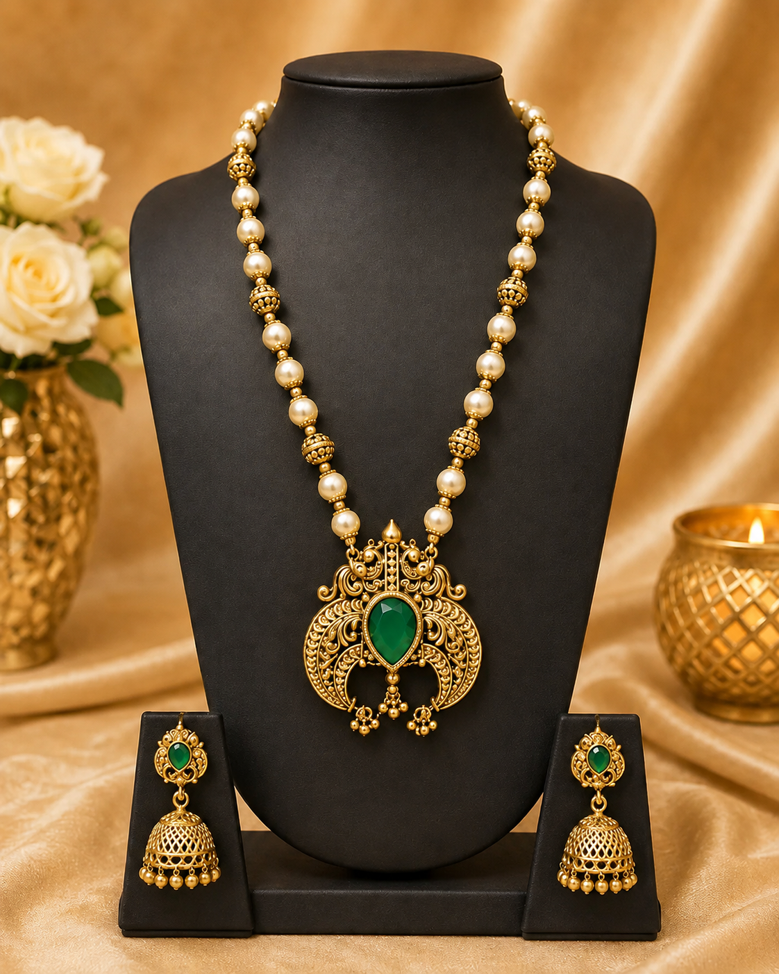 Antique Gold Ruby Teardrop Filigree Scroll Crescent Pendant Long Necklace Set | ONK74