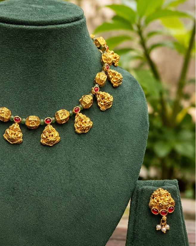 Antique Gold Nakshi Lakshmi Cube Bead Ruby Oval Necklace Set | OL277