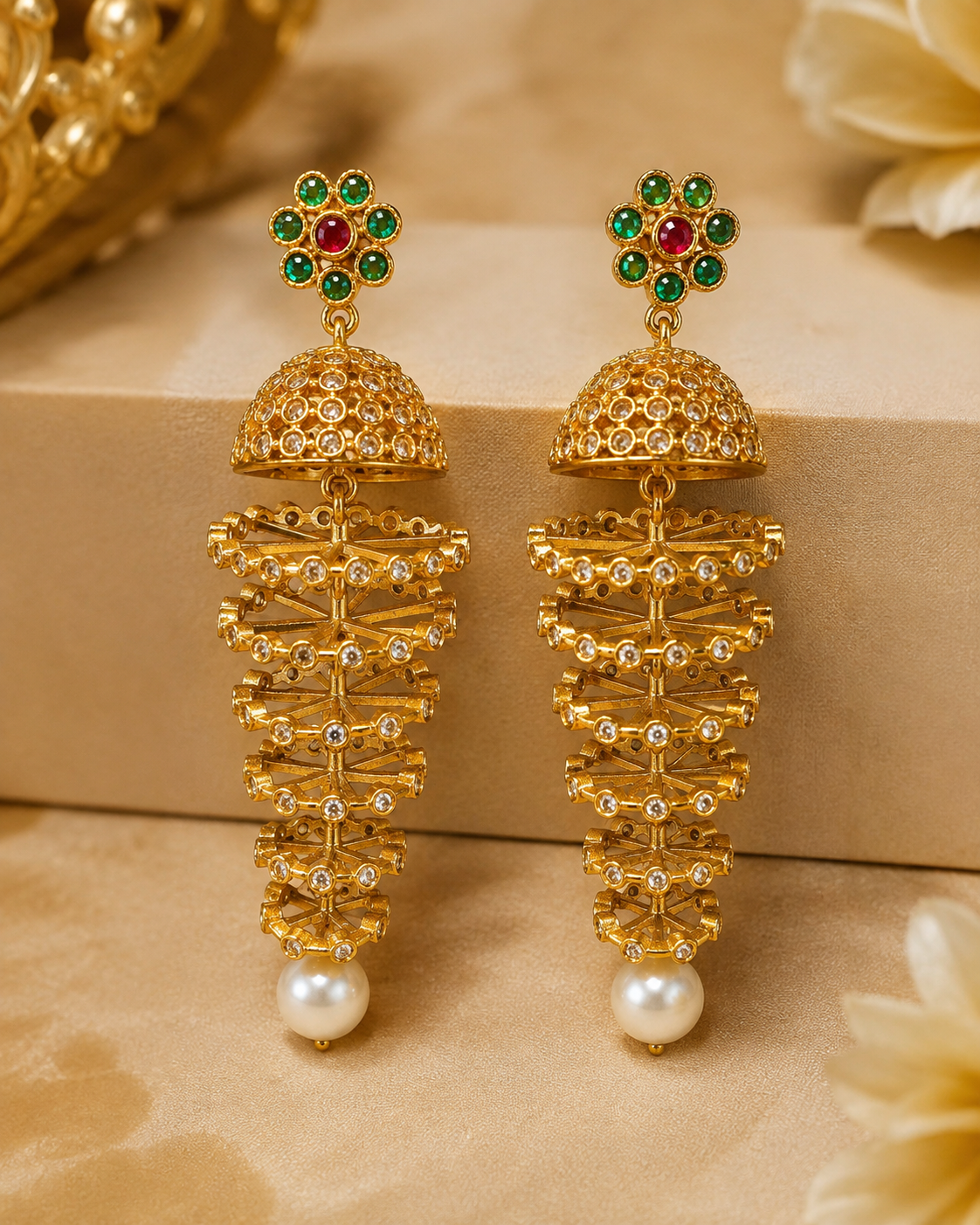 Gold Ruby Emerald Jhumka Gold Cross Bar Cage Long Pearl Drop Earrings | LV1794