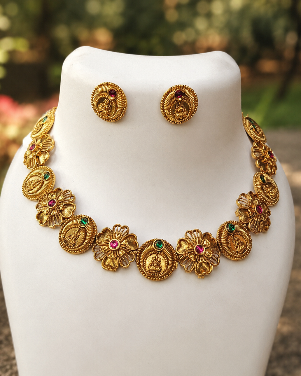 Antique Gold Nakshi Lakshmi Coin Floral Petal Choker Necklace Set | OL278