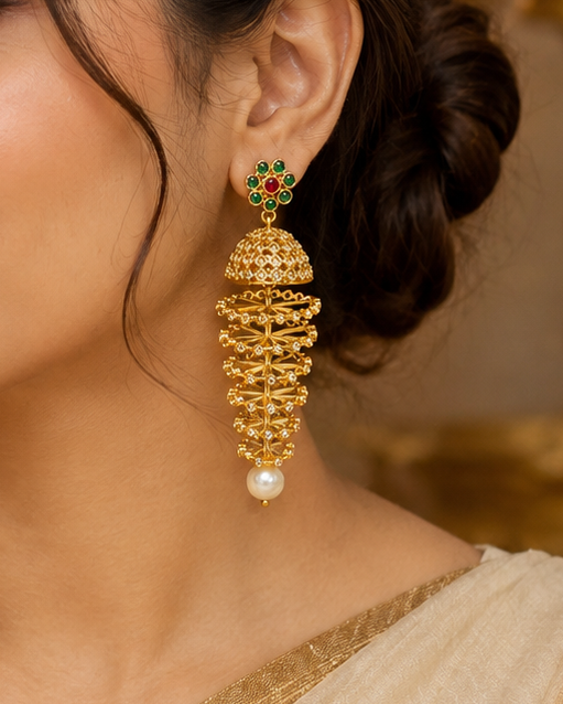 Gold Ruby Emerald Jhumka Gold Cross Bar Cage Long Pearl Drop Earrings | LV1794