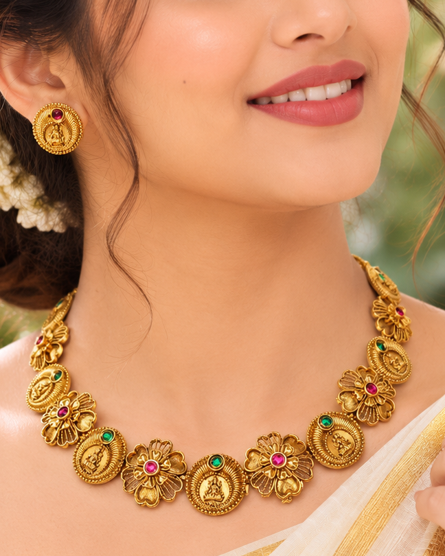 Antique Gold Nakshi Lakshmi Coin Floral Petal Choker Necklace Set | OL278