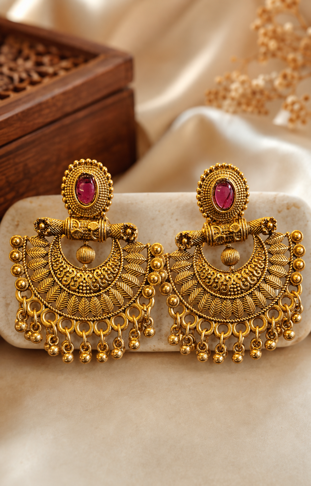 Antique Gold Ruby Oval Nakshi, Chandbali Gold Ball Fringe Earrings | SITA2529