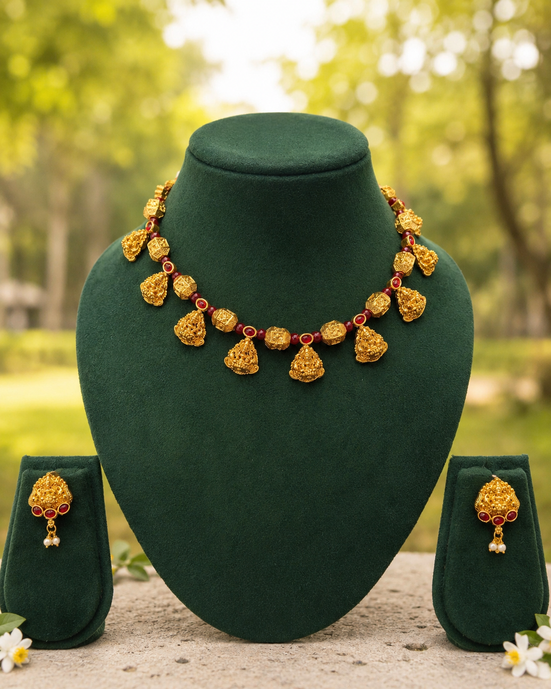 Antique Gold Nakshi Lakshmi Teardrop Charm Cube Bead Necklace Set | OL276