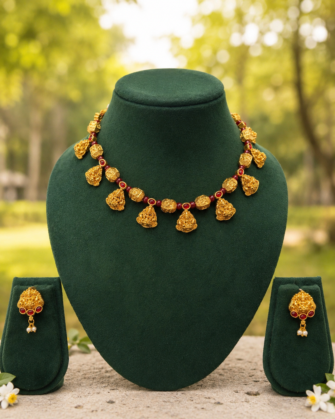 Antique Gold Nakshi Lakshmi Teardrop Charm Cube Bead Necklace Set | OL276