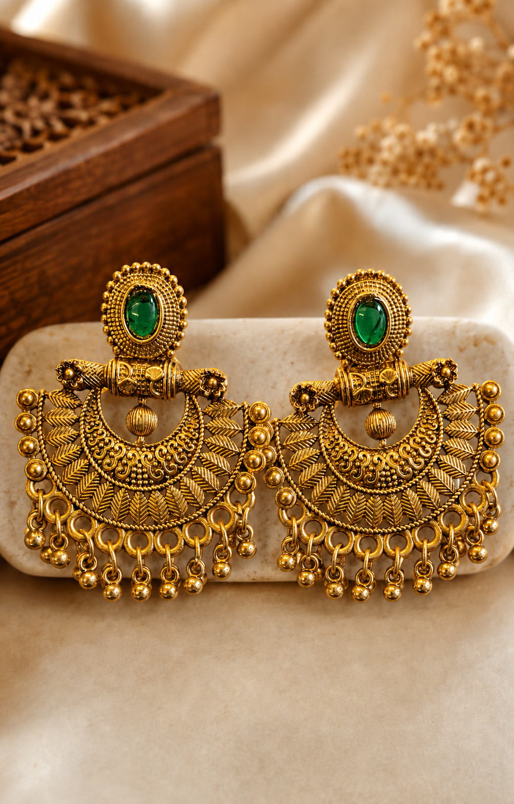 Antique Gold Ruby Oval Nakshi, Chandbali Gold Ball Fringe Earrings | SITA2529