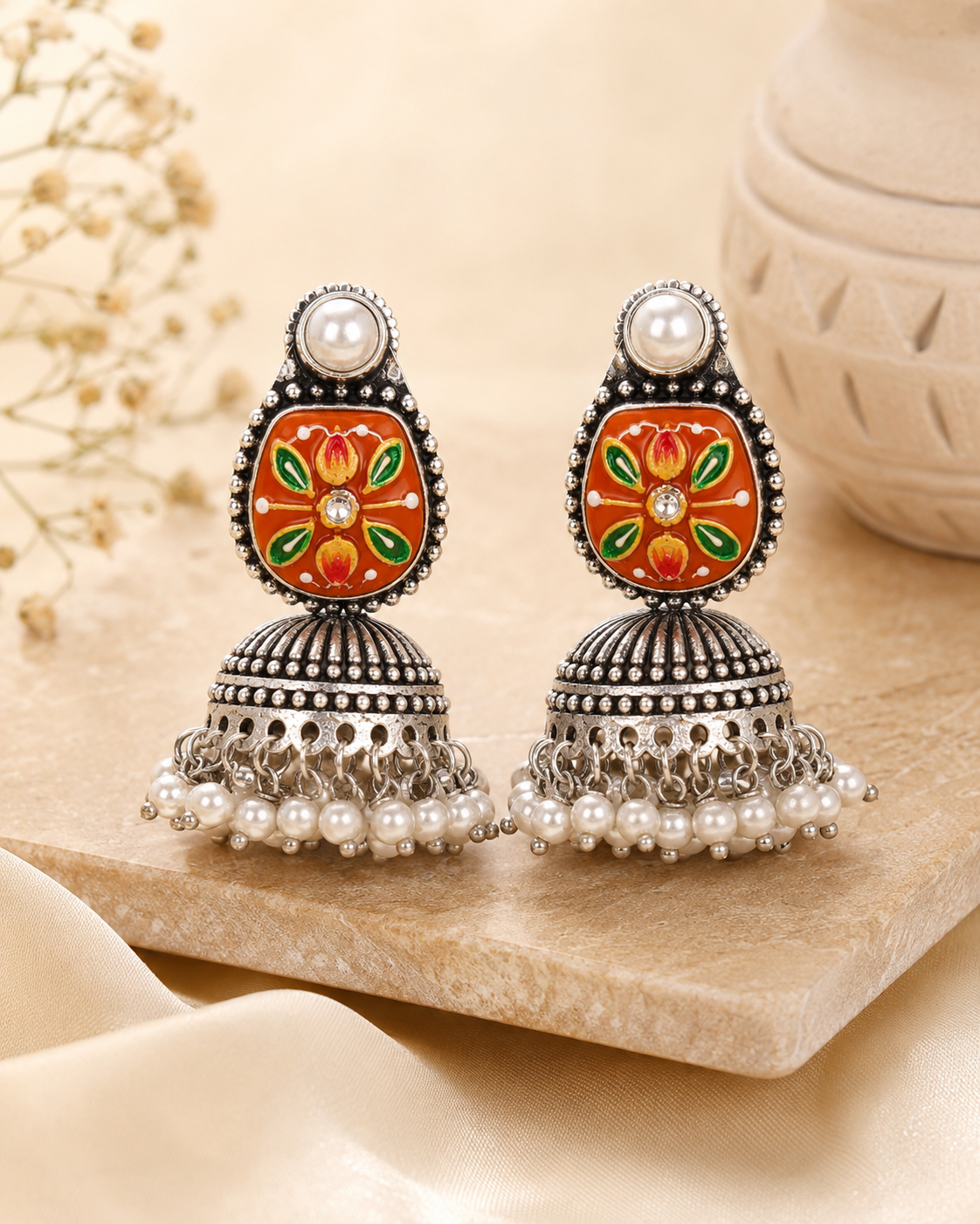 Oxidised Silver Orange Meenakari Jhumka Earrings | OLT84