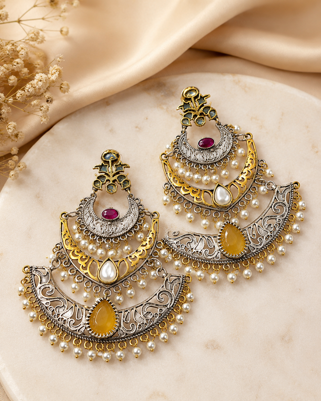 Dual Tone Gold Silver Chandbali Earrings with Pearls | OL247