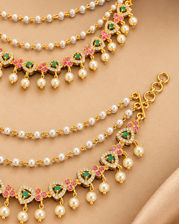 Gold CZ Heart & Floral Ear Chain Earrings with Ruby Emerald Stones & Pearl Drops | OG39
