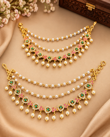 Gold CZ Heart & Floral Ear Chain Earrings with Ruby Emerald Stones & Pearl Drops | OG39