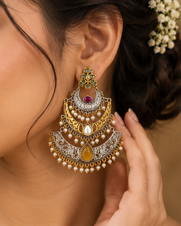 Dual Tone Gold Silver Chandbali Earrings with Pearls | OL247