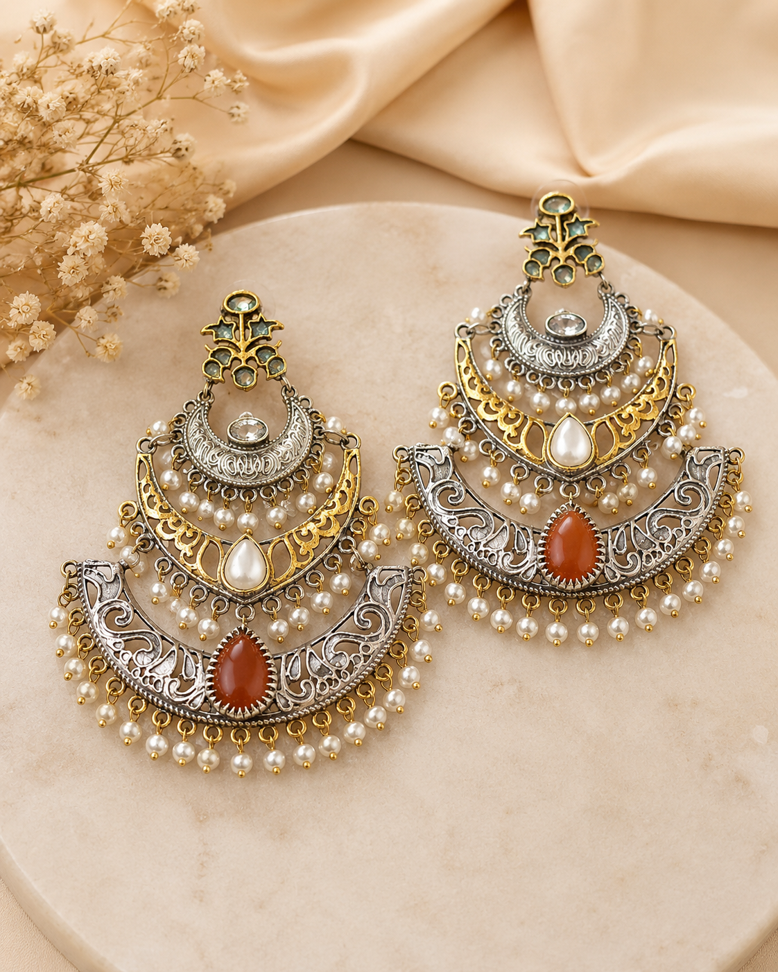Dual Tone Gold Silver Chandbali Earrings with Pearls | OL247