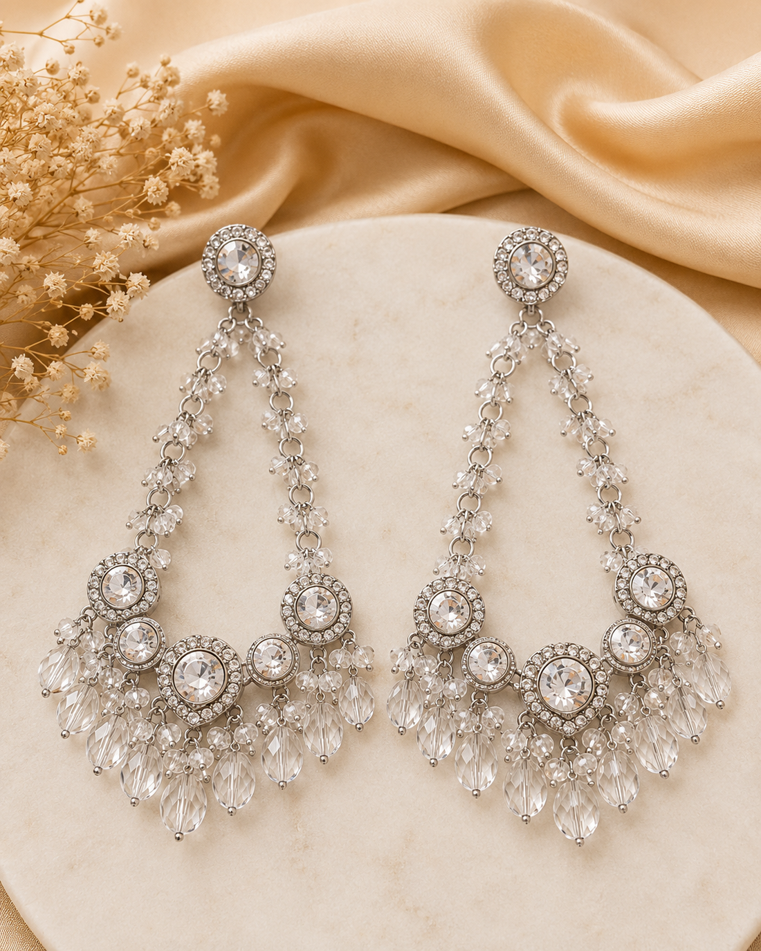 Silver White Crystal Chandelier Earrings with CZ | OL253