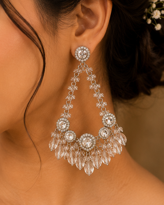 Silver White Crystal Chandelier Earrings with CZ | OL253