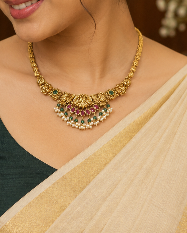 Antique Gold Nakshi Peacock Necklace Set with Ruby Emerald Stones & Pearl Fringe | ONK208