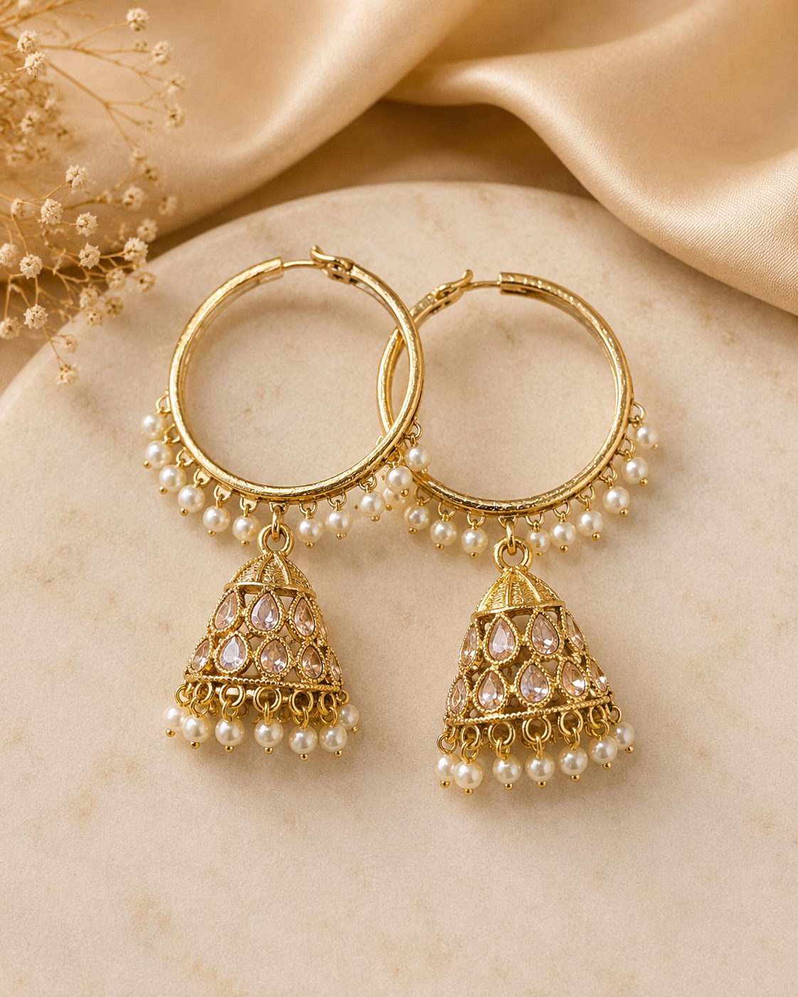 Gold Polki Kundan Hoop Jhumka Earrings with Pearls | OLT163