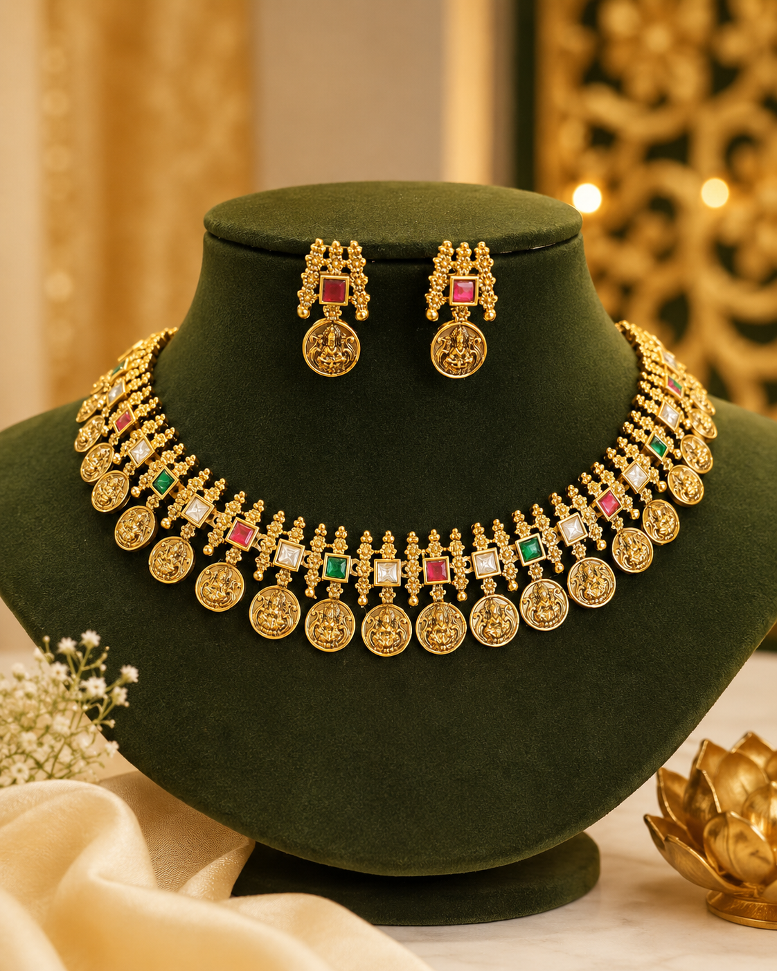 Antique Gold Lakshmi Coin Choker Necklace Set with Ruby Square Stones | ONK207