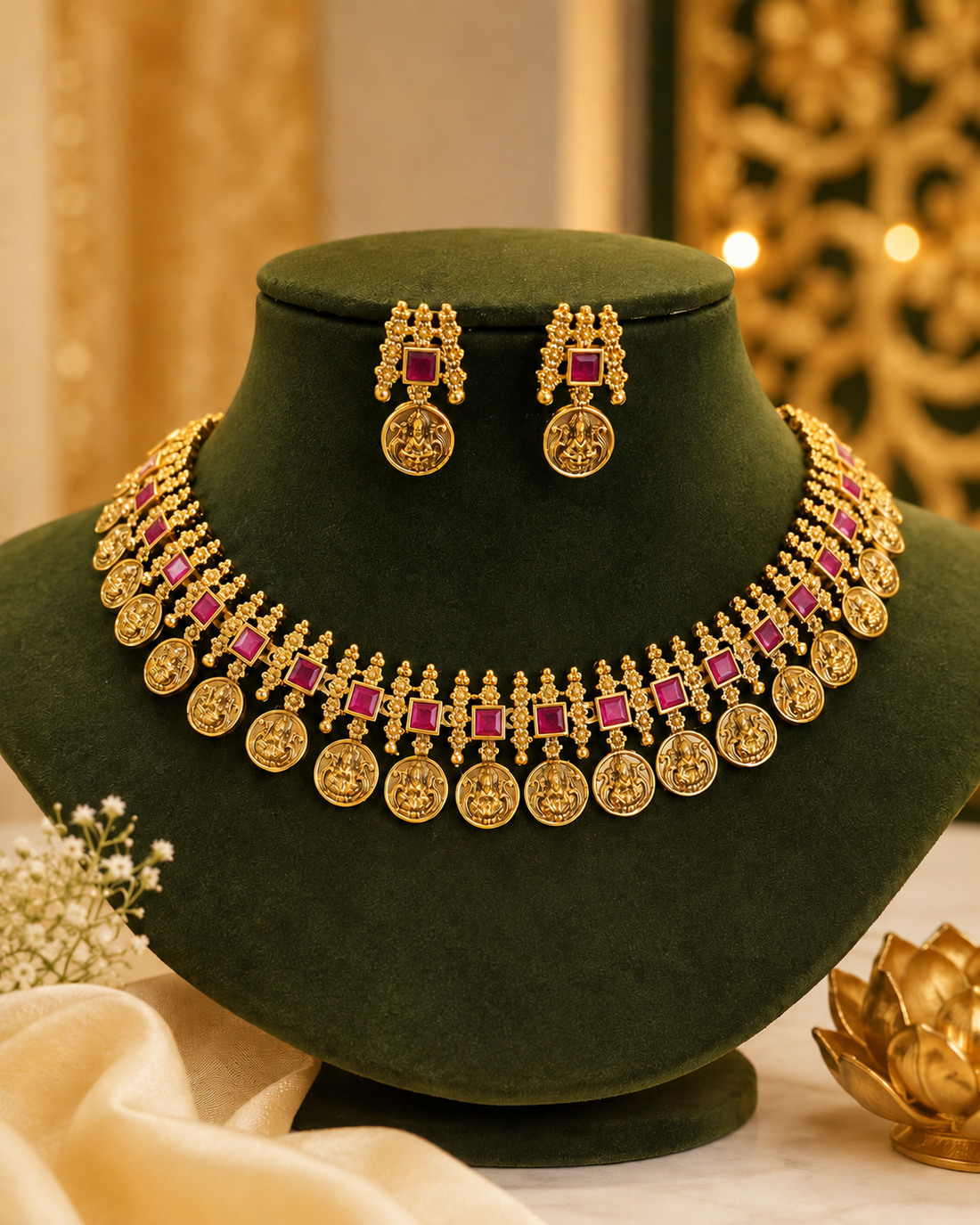 Antique Gold Lakshmi Coin Choker Necklace Set with Ruby Square Stones | ONK207