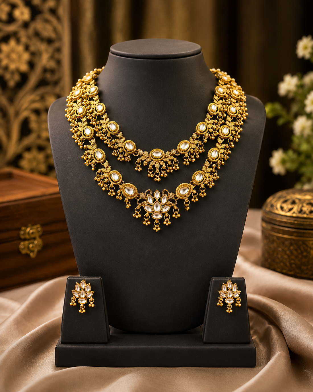 Antique Gold Polki Double Necklace Set with Oval Kundan Stones & Leaf Fringe | ONK201