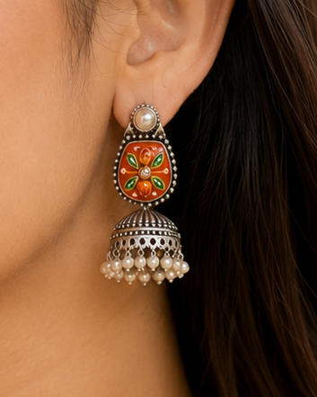 Oxidised Silver Orange Meenakari Jhumka Earrings | OLT84