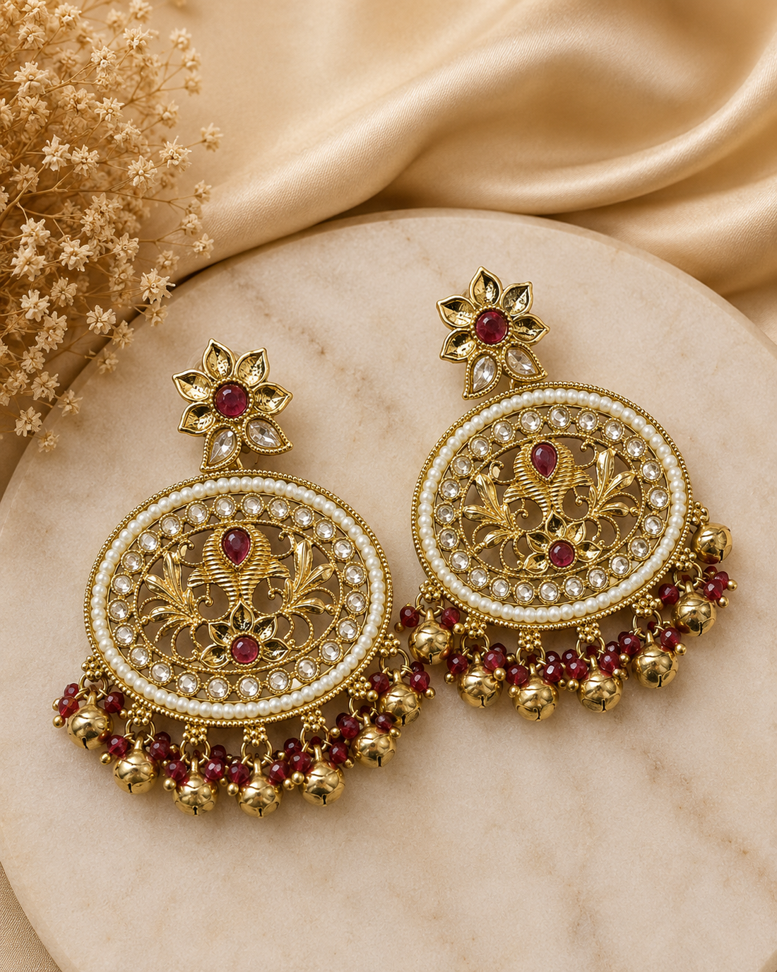 ntique Gold Ruby Chandbali Earrings with Ghungroo | OLT161