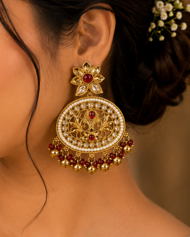 ntique Gold Ruby Chandbali Earrings with Ghungroo | OLT161